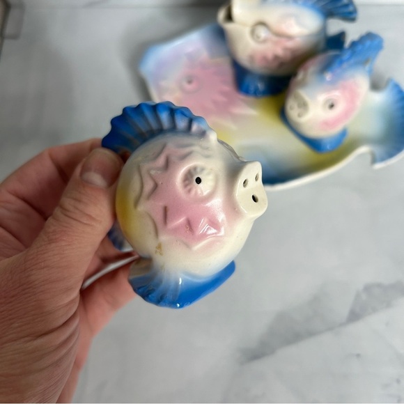 Vintage Kitsch Porcelain Fish Cruet Set 1950s 1960s - 5 Piece Set Tray Japan - Picture 7 of 14